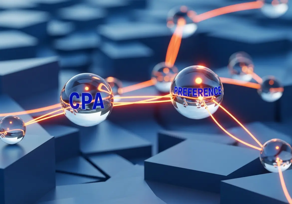 Glowing digital glass spheres labeled "CPA" and "Preference" connected by orange light rays over a modern geometric abstract background.