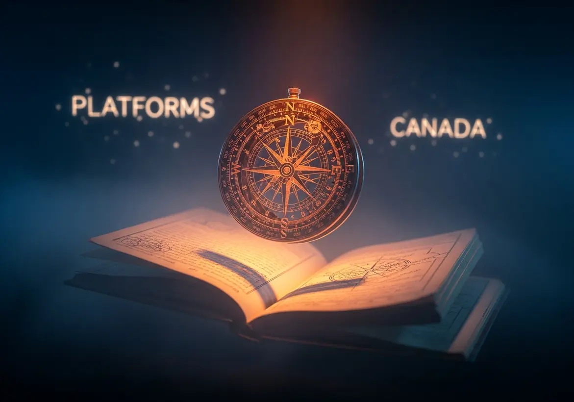 A floating antique compass glowing over an open vintage book with the words "Platforms" and "Canada" illuminated in the background.
