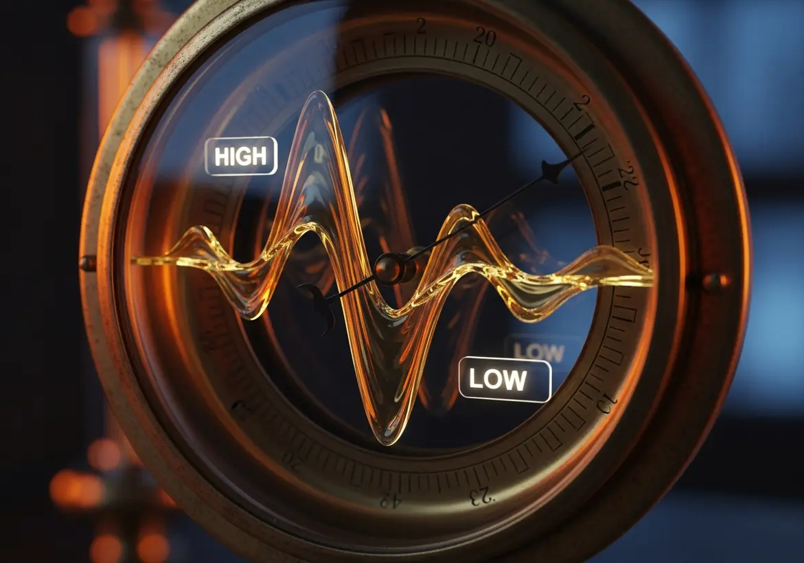 Close-up of a vintage brass gauge displaying a glowing, amber fluid waveform moving between clear labels marked HIGH and LOW to represent financial volatility and market cycles.