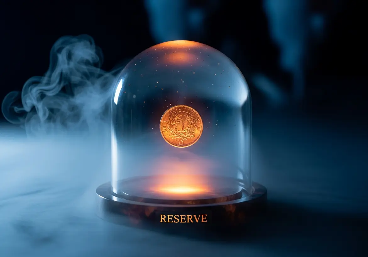 A single golden coin floating inside a glowing glass display dome labeled RESERVE, set against a dark background with dramatic blue mist and smoke.