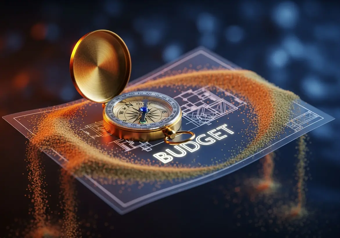 A brass compass resting on a transparent architectural blueprint featuring the word BUDGET written in glowing white letters, surrounded by an artistic ring of falling gold particles against a dark, bokeh background.
