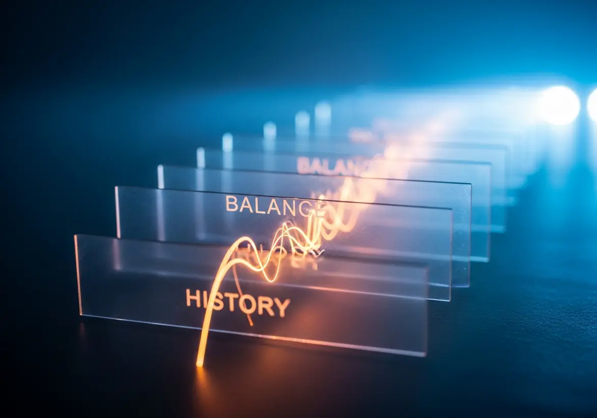Visual representation of personal finance tracking showing a glowing neon orange line graph cutting through transparent glass panels labeled "HISTORY" and "BALANCE" on a dark blue background.
