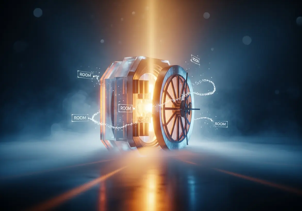 A modern, metallic bank vault door slightly open with a bright orange light beaming from within, surrounded by digital floating labels that say "ROOM" in a smoky blue atmosphere.