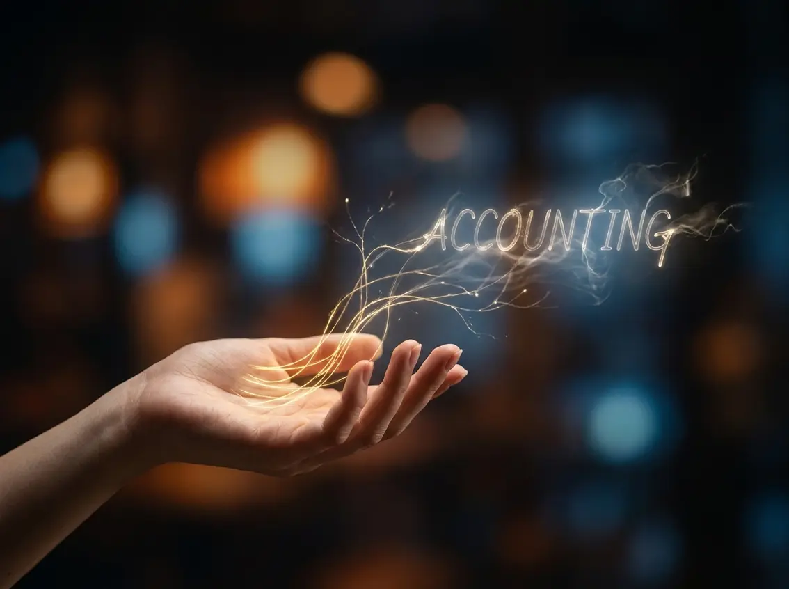 An open hand holding glowing light streams that form the word "ACCOUNTING" against a blurred dark background.