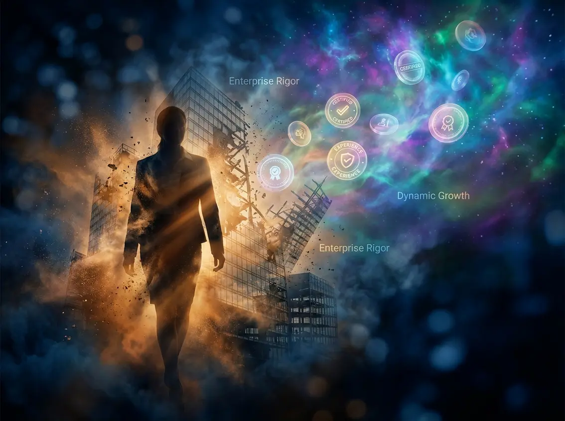 Silhouette of a business professional walking past a city building with glowing icons representing enterprise rigor, certified standards, and dynamic growth.