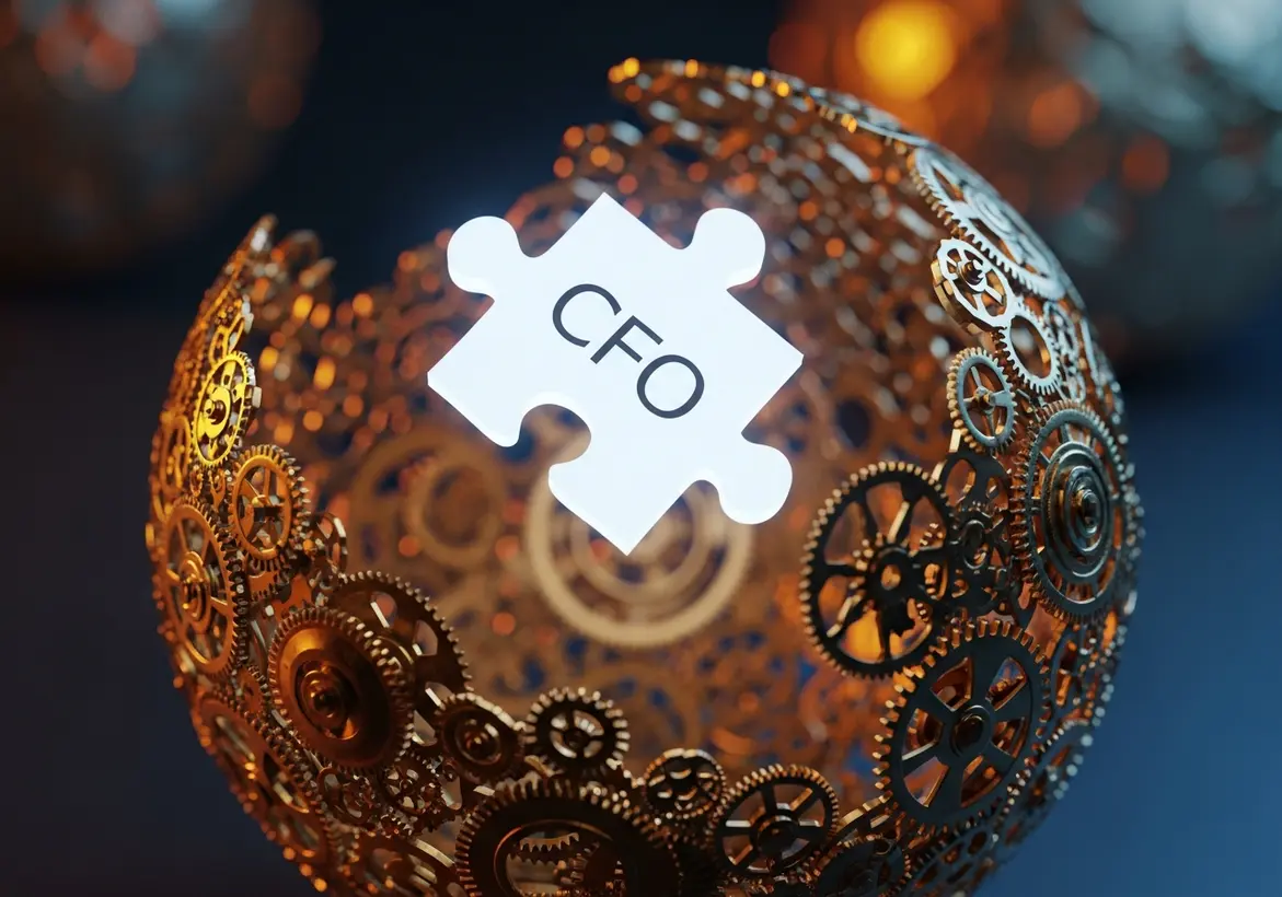 White puzzle piece labeled CFO fitting into a intricate golden gear mechanism sphere, symbolizing financial integration.