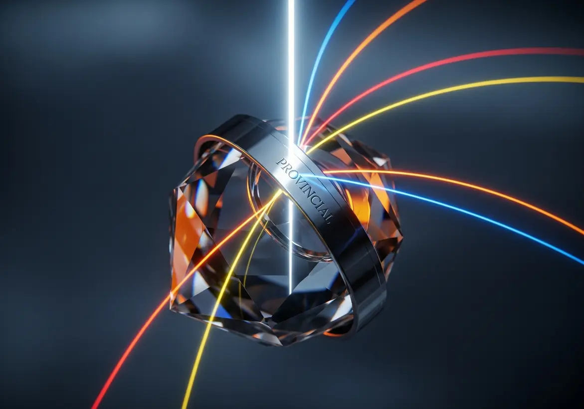 A metallic ring labeled "PROVINCIAL" surrounding a crystal geometric prism with colorful light beams passing through it.