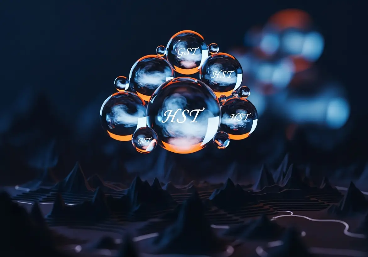 Translucent glass spheres labeled with GST and HST floating above a dark, stylized topographical landscape.