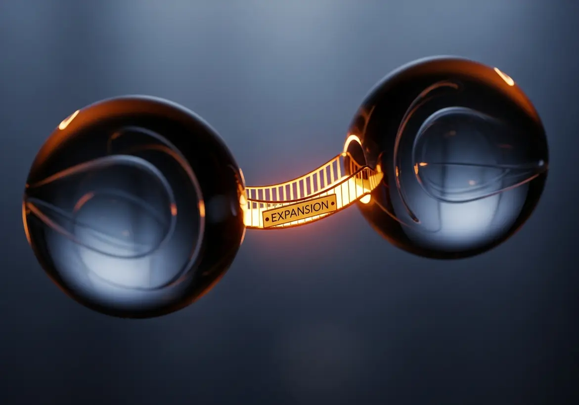 Illuminated glass bridge labeled Expansion connecting two glass spheres against a dark backdrop.