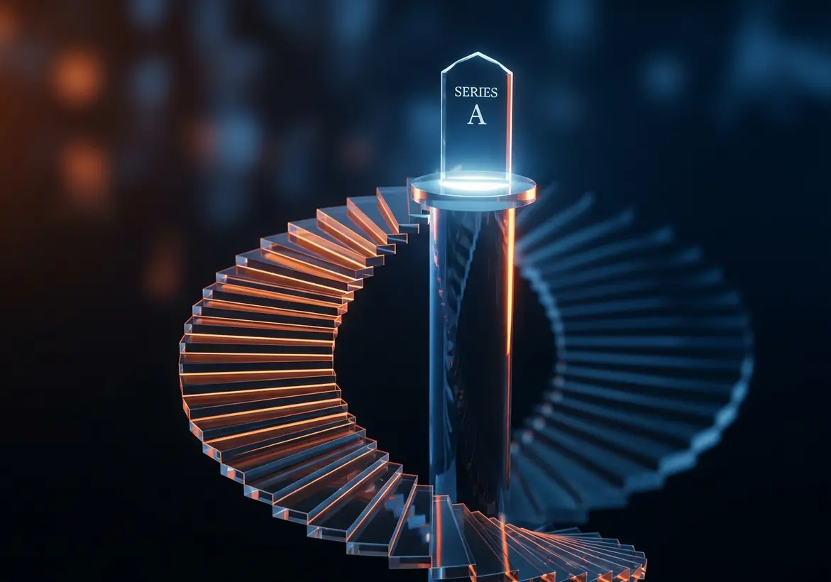 Glowing glass spiral staircase leading up to a platform labeled Series A.