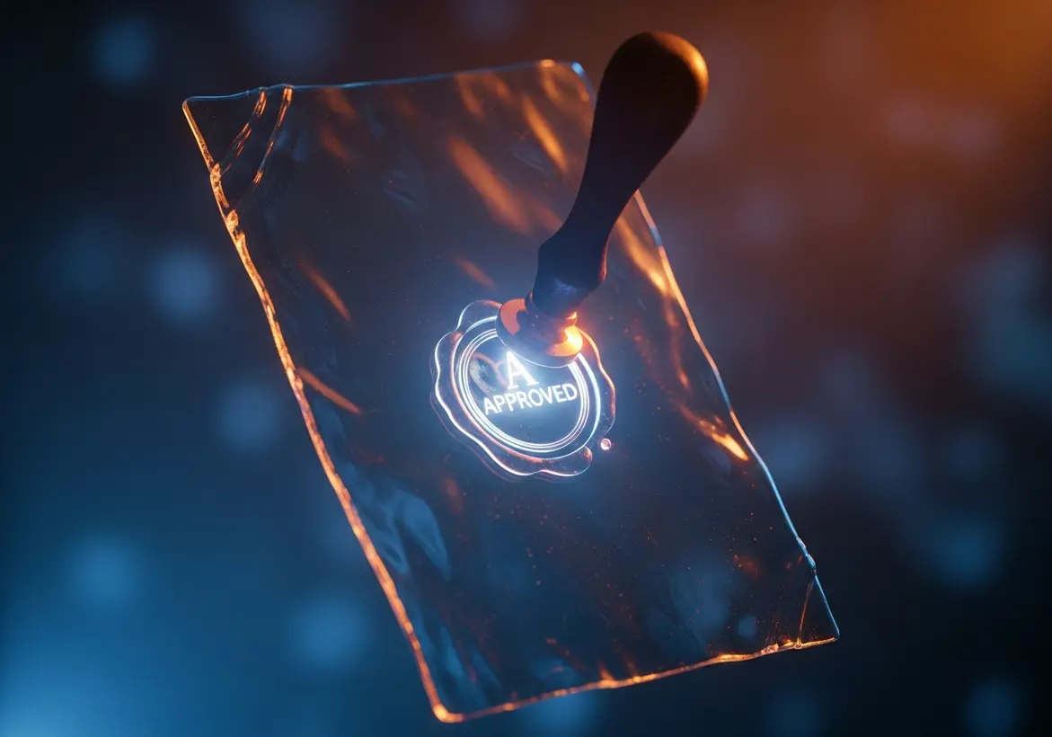 An artistic 3D rendering of a clear, glass-like financial document floating in the air with a vintage wooden stamp pressing a glowing neon seal that reads 'APPROVED'.