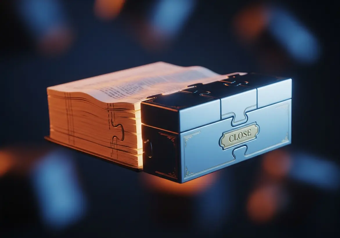 A creative 3D graphic of an open financial ledger book seamlessly merging like puzzle pieces into a metallic lockbox with a golden plaque that reads 'CLOSE', symbolizing the locking of a financial period.