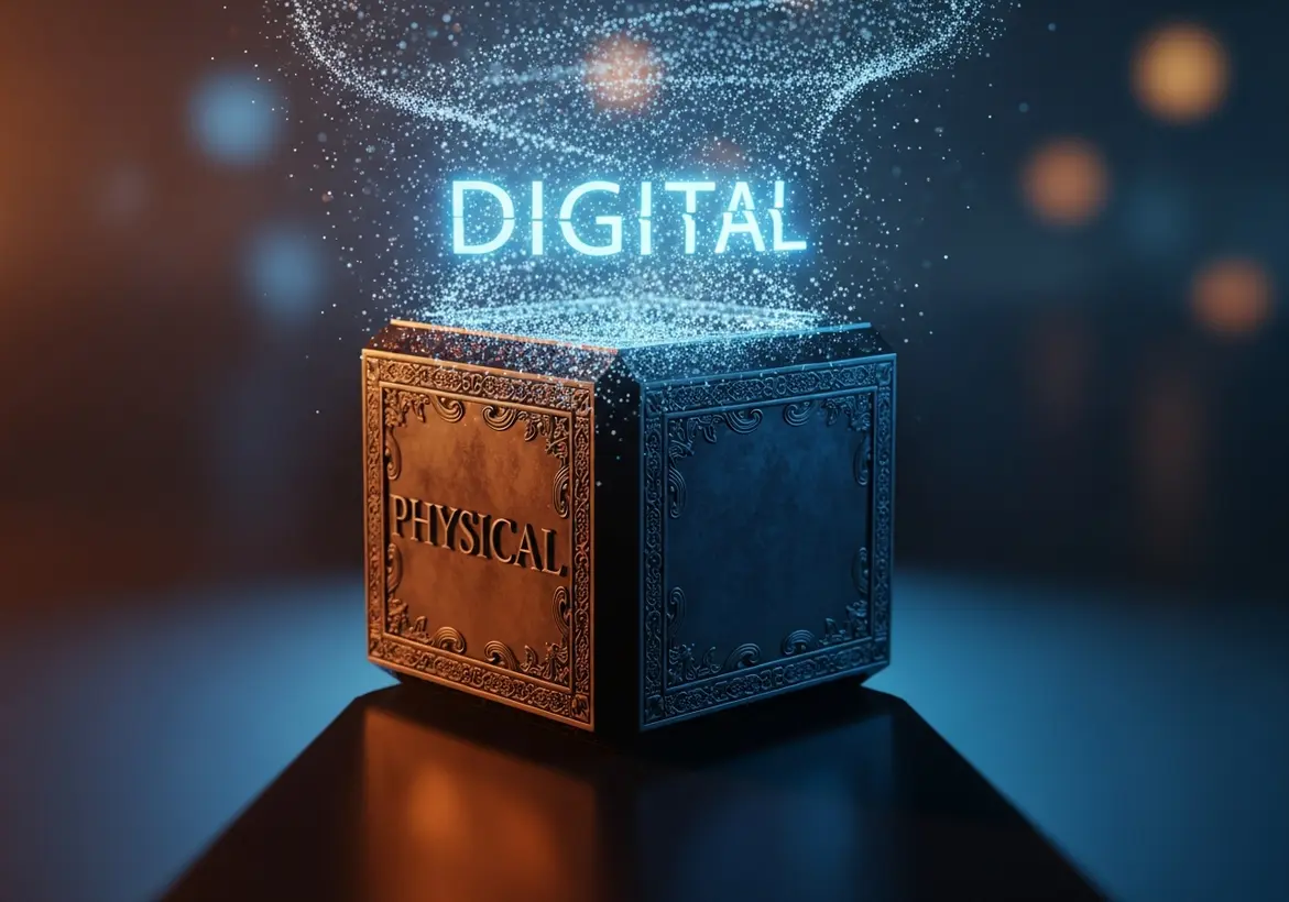 An ornate metallic box splitting into two halves, with the bottom labeled "PHYSICAL" and a glowing digital aura emerging from the top labeled "DIGITAL."