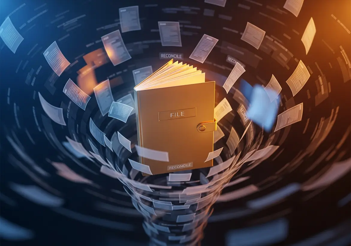 A golden folder labeled "FILE" centered inside a swirling digital vortex of floating tax documents and papers marked "RECONCILE."