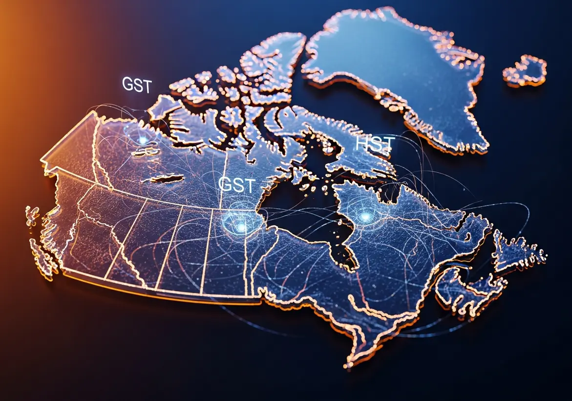 A stylized, glowing 3D digital map of Canada highlighting provincial tax networks with floating text labels for GST and HST.