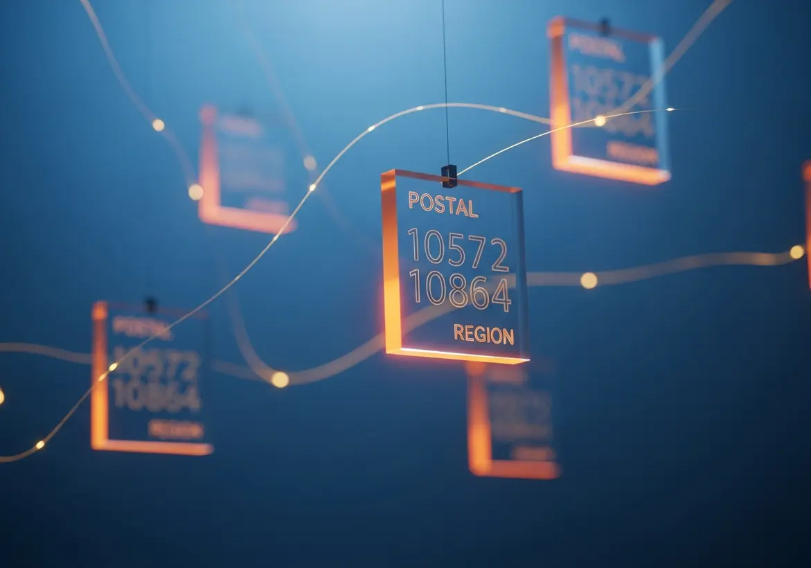 Hanging translucent glass panels in warm orange light showing "POSTAL", "REGION", and numerical codes, connected by glowing light threads against a dark blue background.
