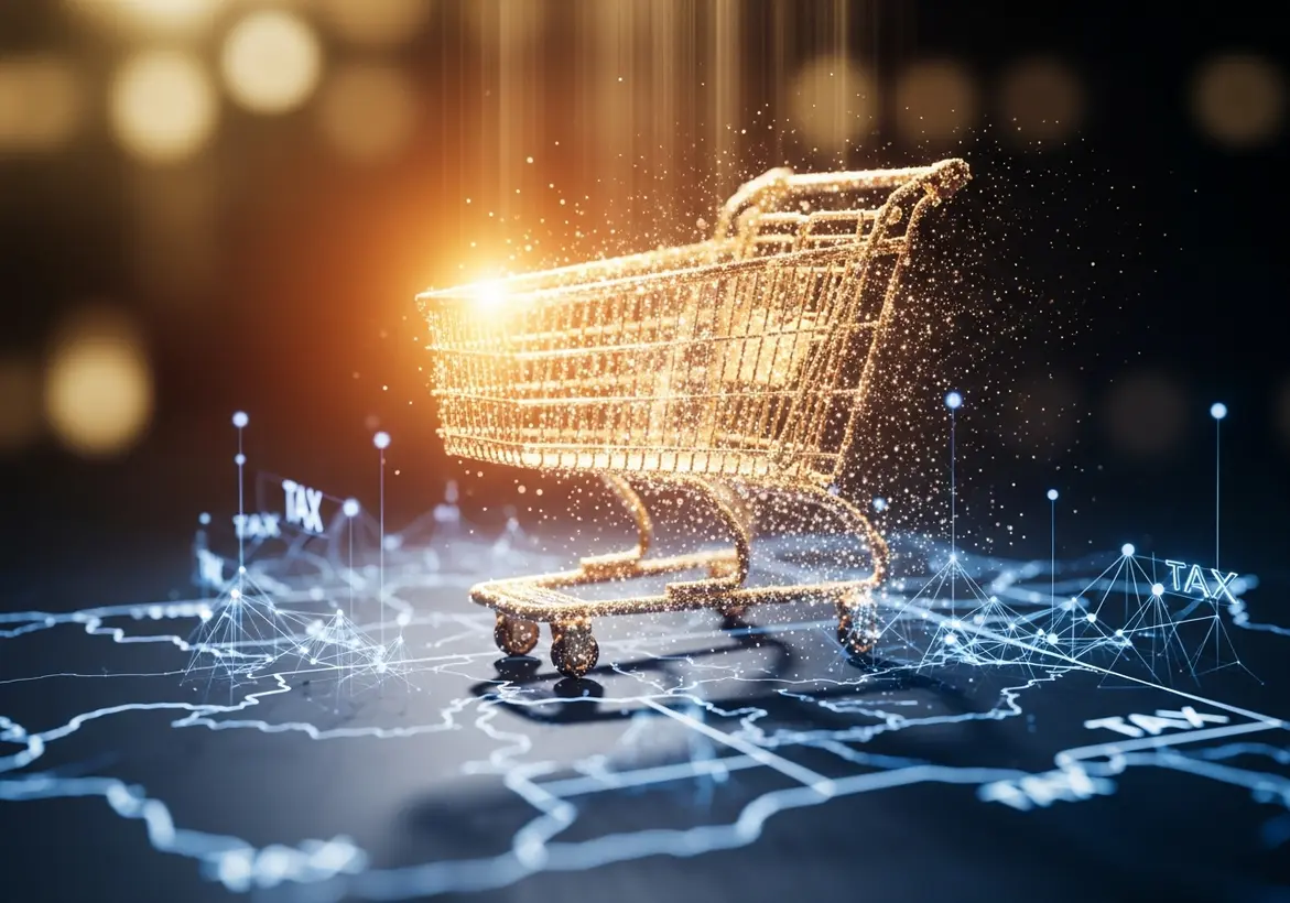 A glowing, golden wireframe shopping cart sparkling with light particles, sitting atop a stylized digital map marked with blue network nodes and "TAX" labels