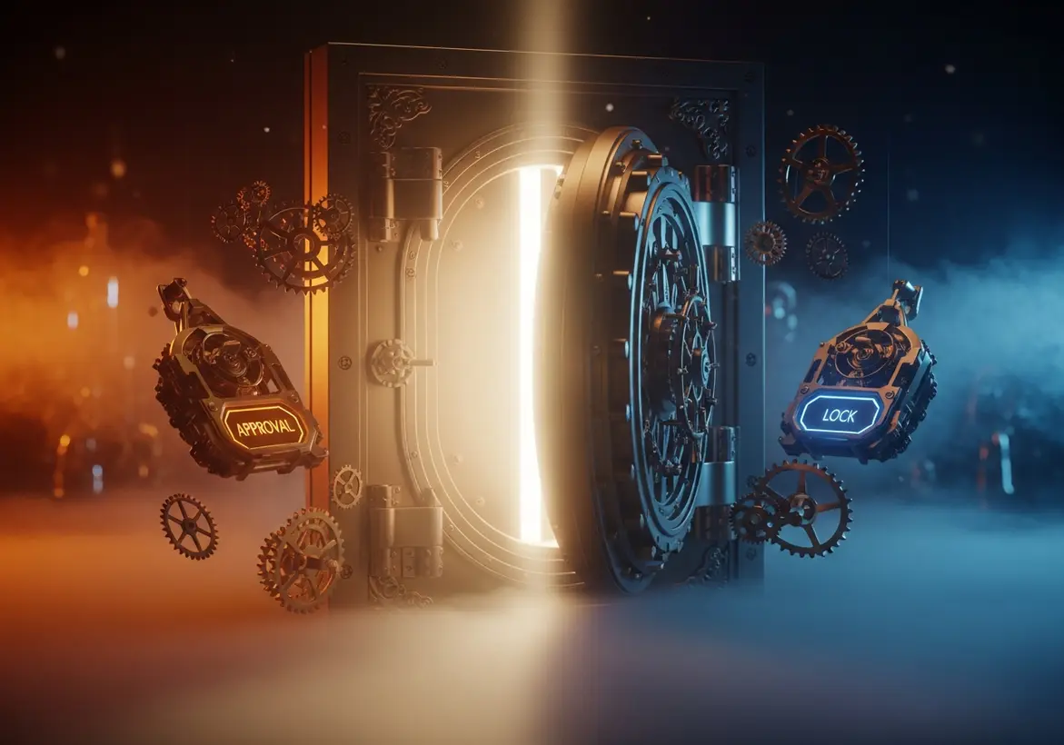 A stylized, dramatic 3D rendering of an open bank vault door emitting a bright golden light from within. Floating in mid-air on the left is a mechanical device labeled "APPROVAL" with a warm orange glow, and on the right is a device labeled "LOCK" with a cool blue glow, surrounded by floating gears against a smoky backdrop