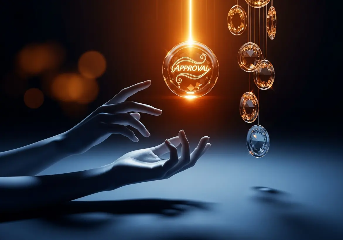 A high-contrast, conceptual image showing a pair of hands reaching gracefully upward toward a glowing, illuminated crystal sphere labeled "APPROVAL." Hanging vertically to the right are several other reflective, diamond-like crystal discs, all set against a dark, minimalist blue background.