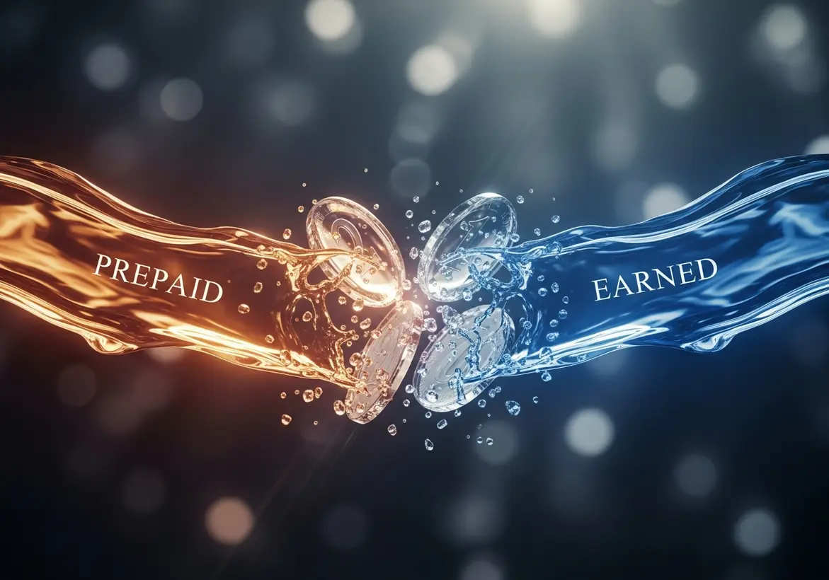 Splashes of liquid shaped like human arms—one side glowing amber and labeled 'PREPAID', the other side ocean blue and labeled 'EARNED'—colliding in the center where clear, floating coins meet amidst sparkling water droplets
