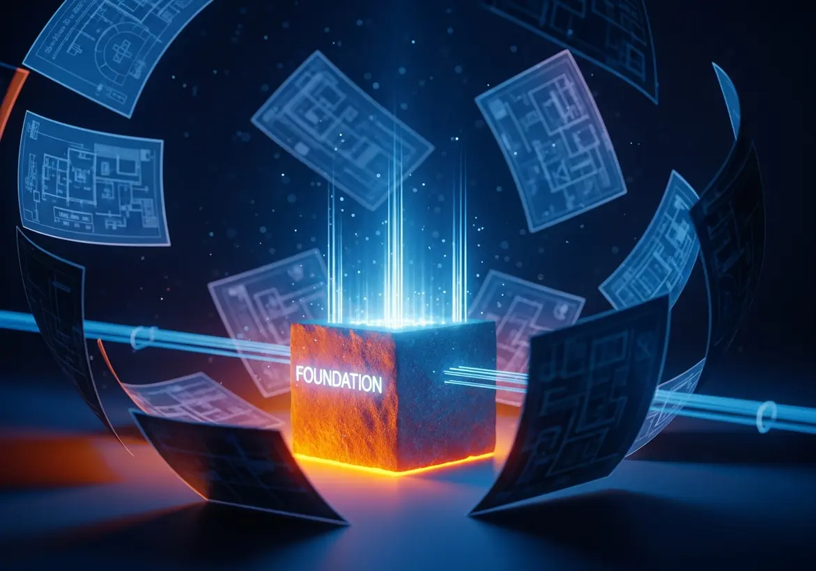 A glowing stone cube labeled 'FOUNDATION' acting as a central power source, projecting vertical blue light beams upward and horizontal energy lines outward, surrounded by floating blue architectural blueprints on a dark background