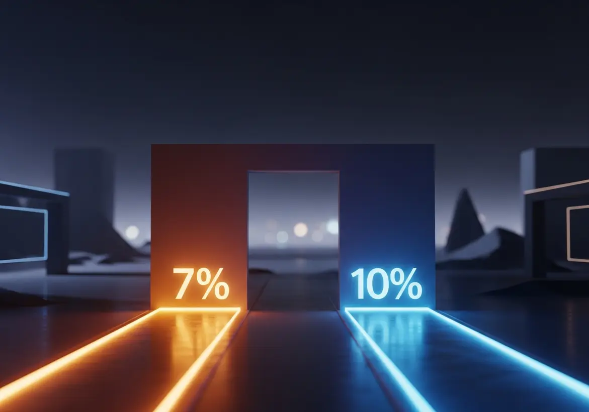 Glowing blue and orange 3D doorway architecture illuminated with 7% and 10% tax rate figures.