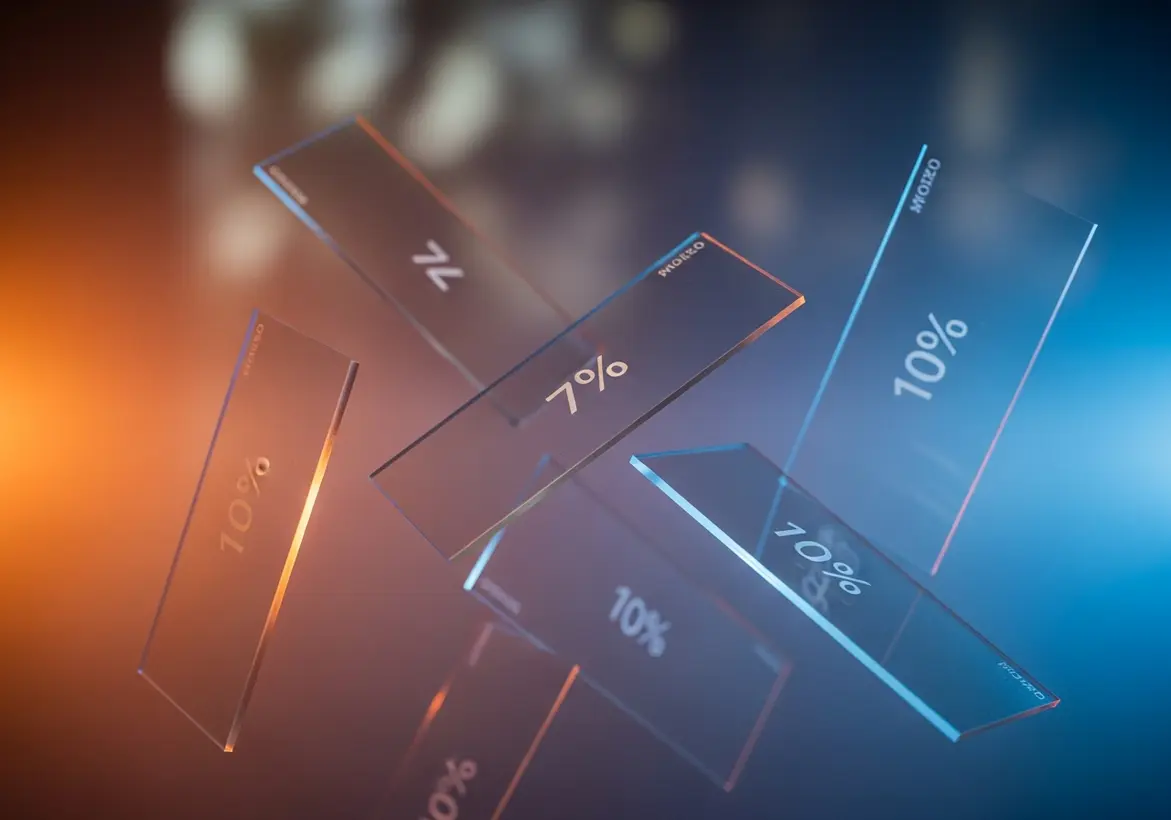 Abstract glass plates floating against a dual-toned blue and orange background displaying PST rates of 7% and 10%.