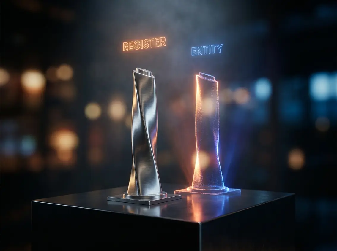 A metallic pillar next to a glowing holographic structure with neon text reading REGISTER and ENTITY, representing extra-provincial corporate registration.