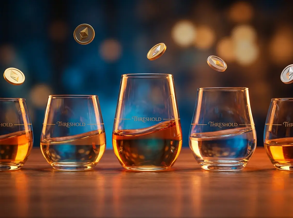 Five glass cups labeled Threshold filled with liquid at varying levels as Ethereum-style gold coins fall into them, illustrating health tax and sales tax thresholds.