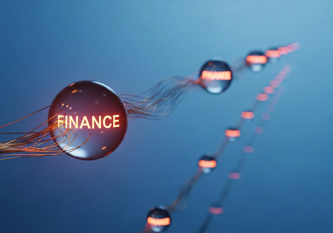 Glowing glass sphere labeled FINANCE traveling along dynamic optical fibers against a blue background.