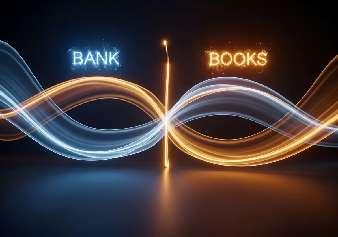 An abstract neon light graphic showing two flowing, interwoven waves of blue and gold light on a dark background, representing the reconciliation process between 'BANK' data and 'BOOKS'