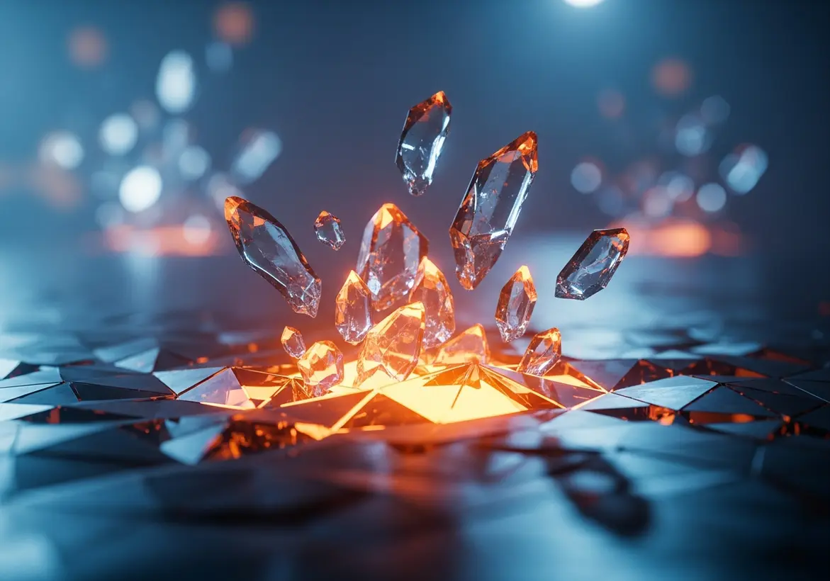 An abstract visualization of glowing amber crystals erupting from a geometric, dark blue surface, symbolizing the extraction of valuable insights from raw financial data.