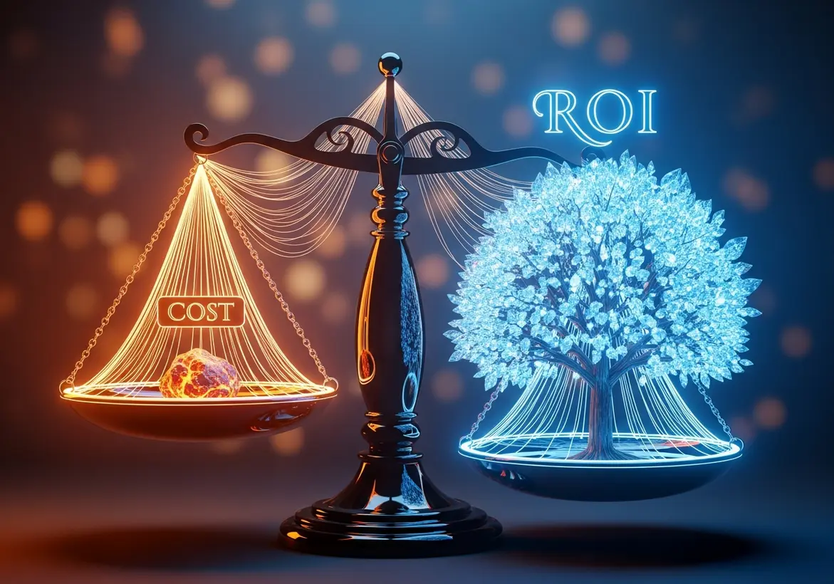 A decorative balance scale weighing startup financial metrics, showing a burning volcanic rock under a "COST" label on the left balanced against a glowing neon crystal tree under an "ROI" label on the right.
