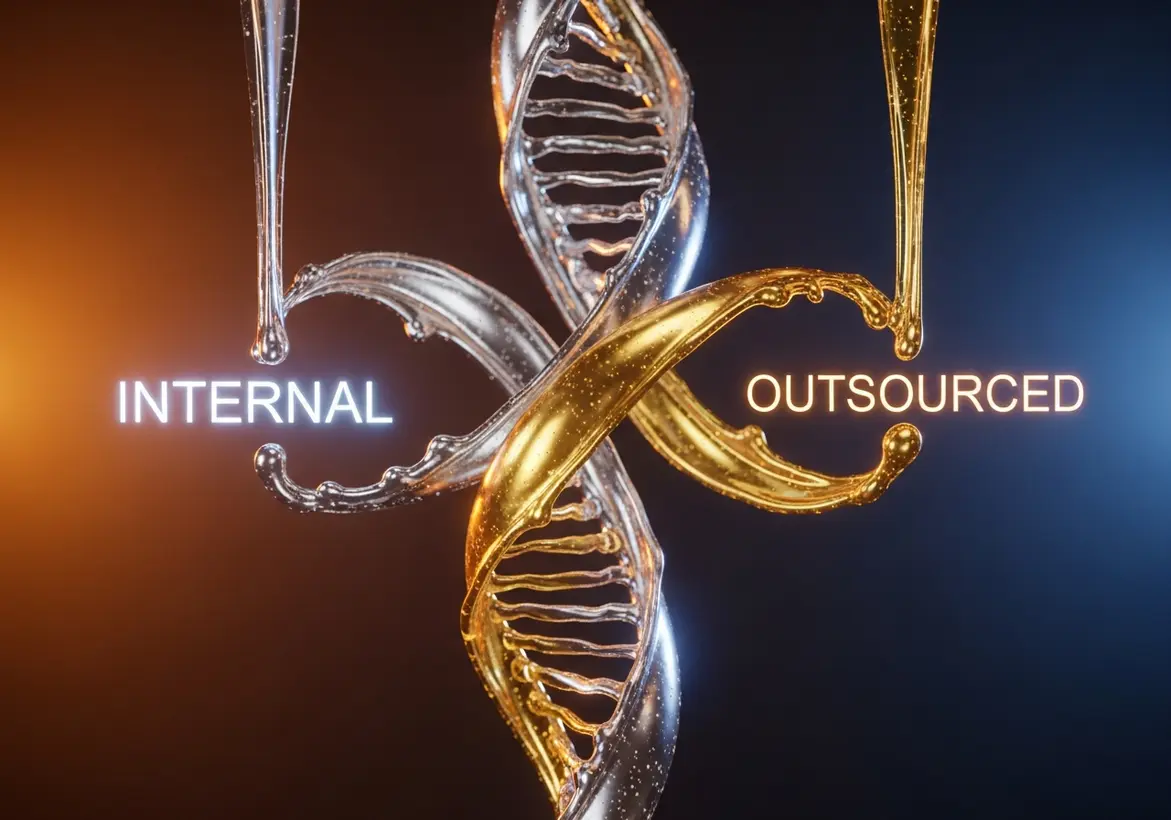 A stylized liquid double helix structure intertwining a silver stream labeled "INTERNAL" and a golden stream labeled "OUTSOURCED", representing the fluid integration of outsourced expertise with internal startup operations.