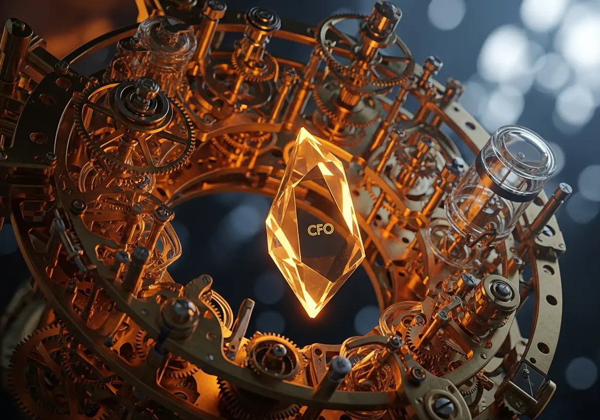 A glowing golden crystal inscribed with "CFO" floating in the center of an intricate, complex metallic gear mechanism, symbolizing the integration of strategic financial leadership into a startup's operational backbone