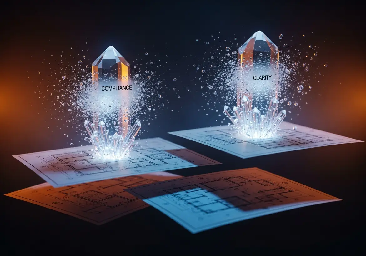 Glowing crystalline structures rising from floating blueprints, with the words "COMPLIANCE" and "CLARITY" printed on the crystals amid sparkling, bursting particle effects.