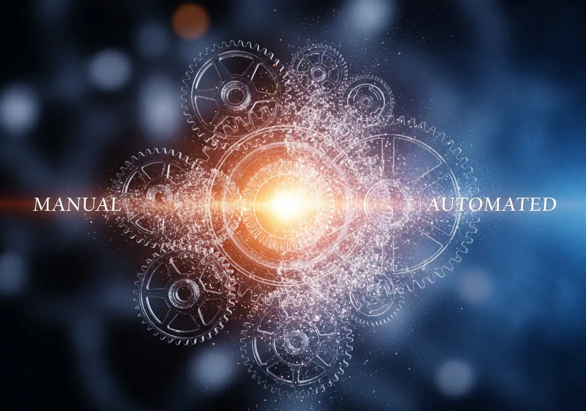 A digital illustration of interlocking glowing cogs and gears transitioning between the text "MANUAL" on the left and "AUTOMATED" on the right, representing financial process automation.
