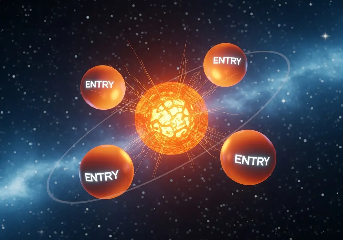A conceptual 3D graphic showing a glowing orange sun at the center orbited by four orange spheres labeled "ENTRY," symbolizing the four-entry month-end closing process in accounting.