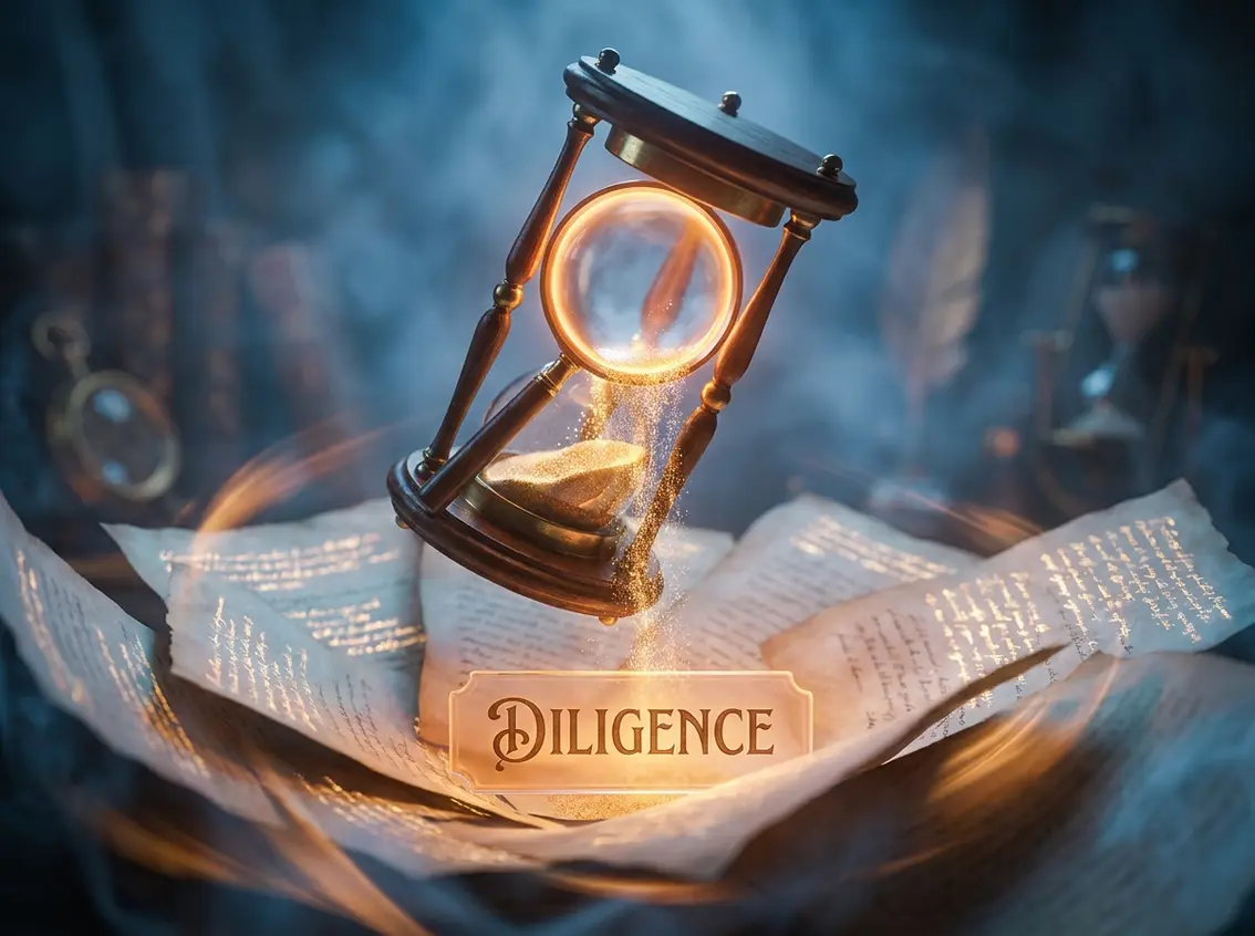 An illuminated hourglass glowing with golden sand over financial documents labeled "Diligence", representing financial due diligence timelines.