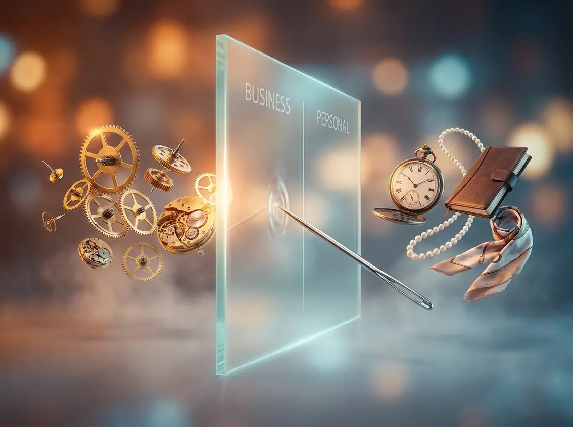 A glass barrier separating floating mechanical clockwork labeled "Business" from personal items like a pocket watch and scarf, representing corporate separation and avoiding veil-piercing.