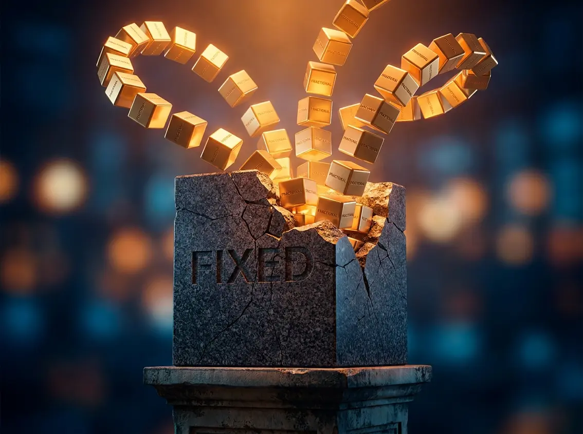 Golden cubes labeled FRACTIONAL bursting out of a cracking stone pedestal labeled FIXED, representing dynamic financial leadership over static costs.