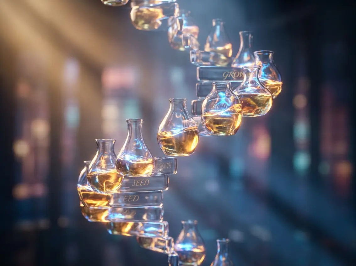 A spiral staircase of glass flasks filled with golden liquid labeled SEED and GROWTH, illustrating stage-by-stage startup development.