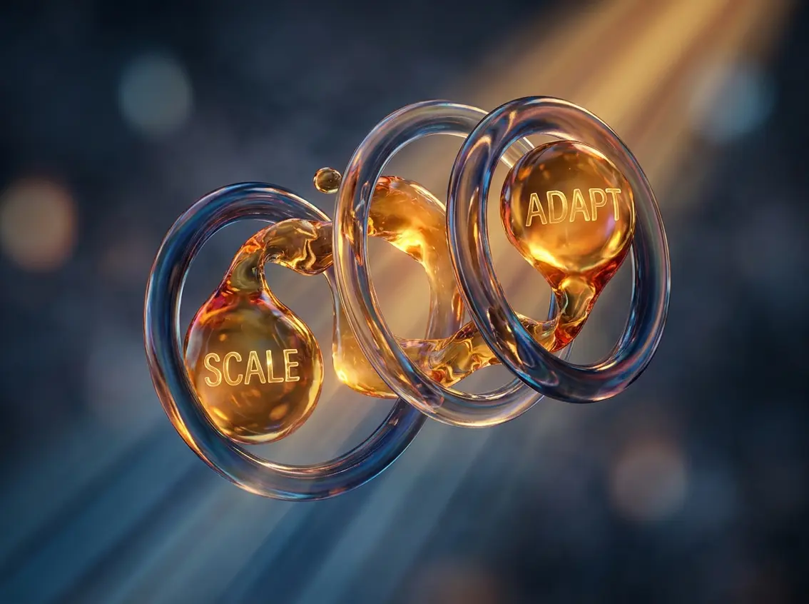 Glowing liquid droplets flowing through interlocking glass rings labeled SCALE and ADAPT, symbolizing flexible financial scaling.