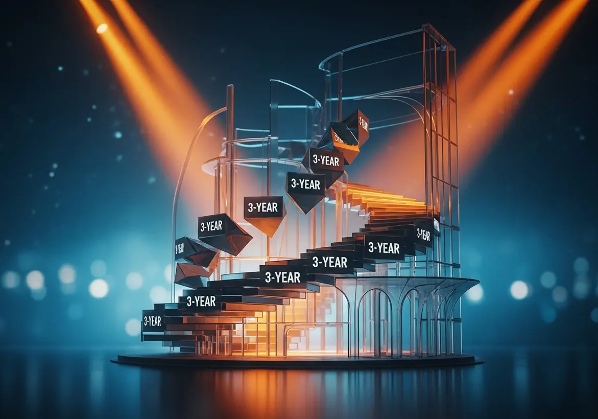 A conceptual 3D rendering of a spiral staircase illuminated by spotlights, with steps labeled "3-YEAR" leading upward, symbolizing a startup's three-year financial growth trajectory.