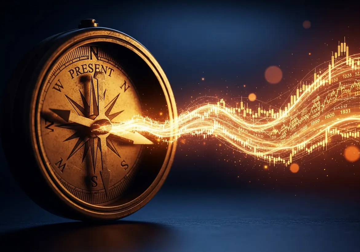 An antique brass compass with the word "PRESENT" on the face, emitting a glowing digital wave of financial charts and data points to represent mapping a current financial position.