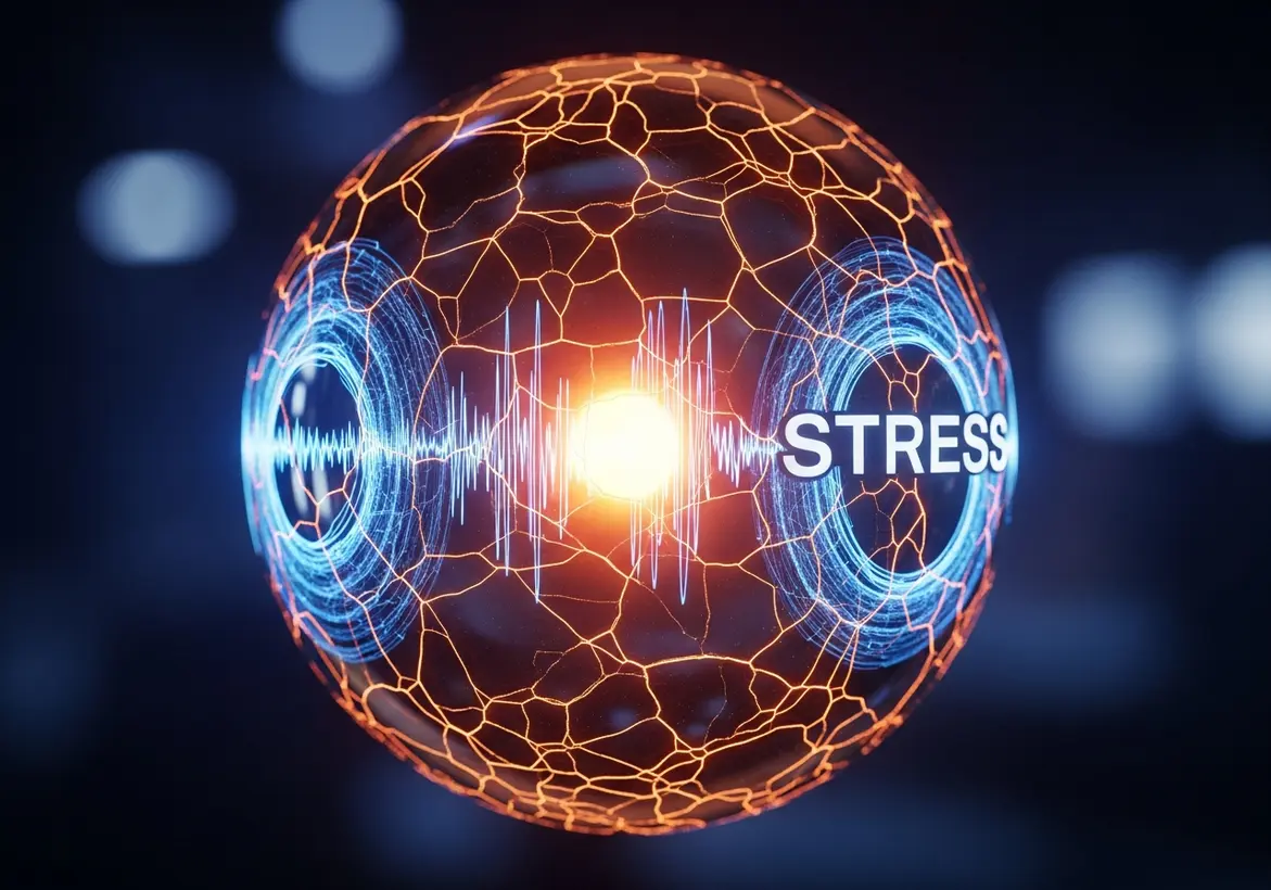 A futuristic glowing orb encased in a cracked, orange energy web with the word "STRESS" and a digital heart-rate monitor wave, representing the stress-testing of financial assumptions.