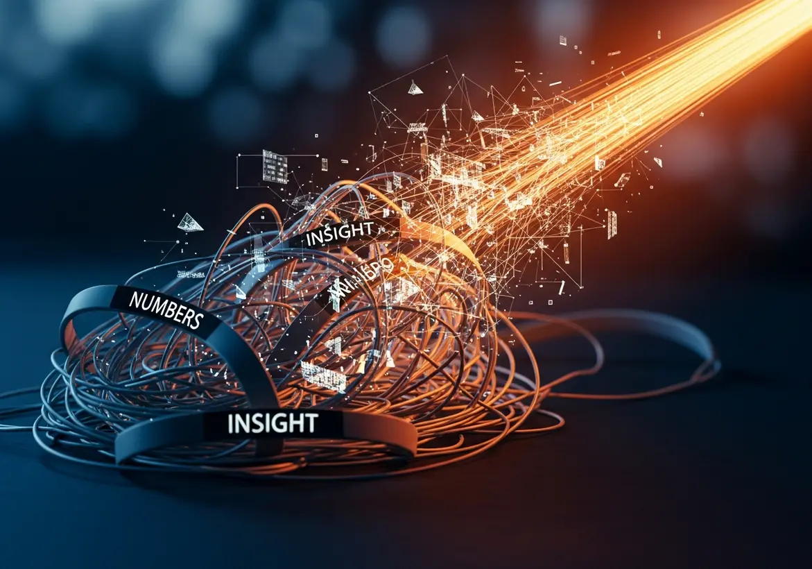 Abstract digital visualization of tangled wires labeled "NUMBERS" and "INSIGHT" transforming into a focused beam of golden light, representing the conversion of raw financial data into clear business strategy.
