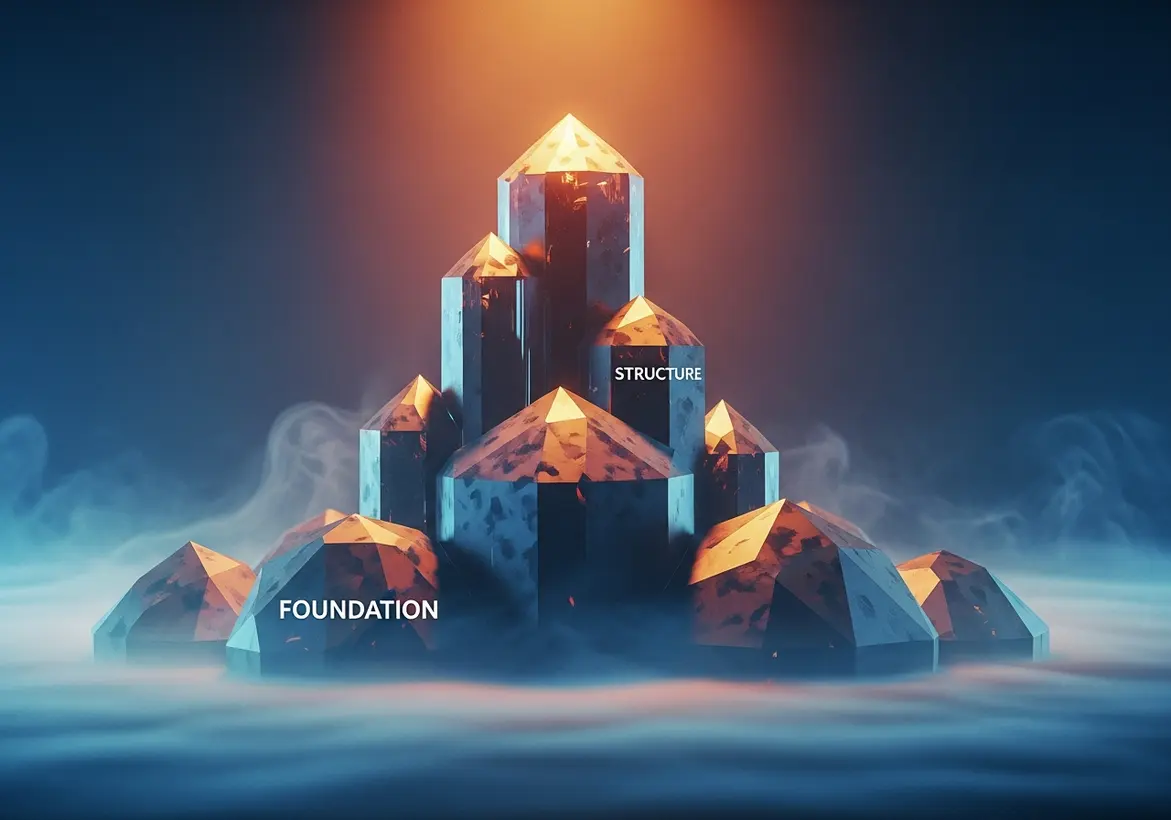 A cluster of glowing geometric crystals labeled "FOUNDATION" and "STRUCTURE" rising out of a blue mist, symbolizing a solid and transparent financial framework for a growing business.