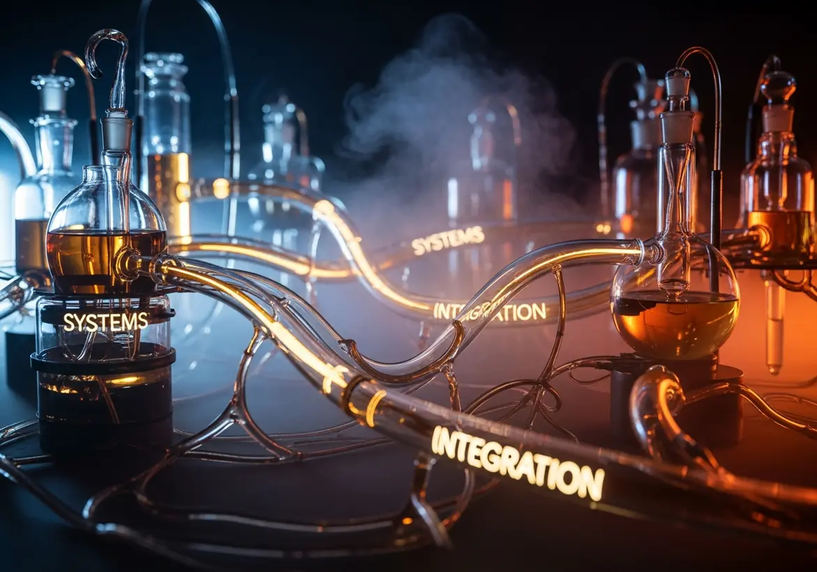 Complex laboratory glassware with glowing tubes labeled SYSTEMS and INTEGRATION transferring liquid.