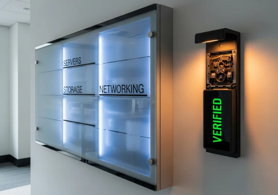 A modern wall-mounted digital directory listing Servers, Storage, and Networking next to a glowing green "VERIFIED" security scanner in a clean office hallway.